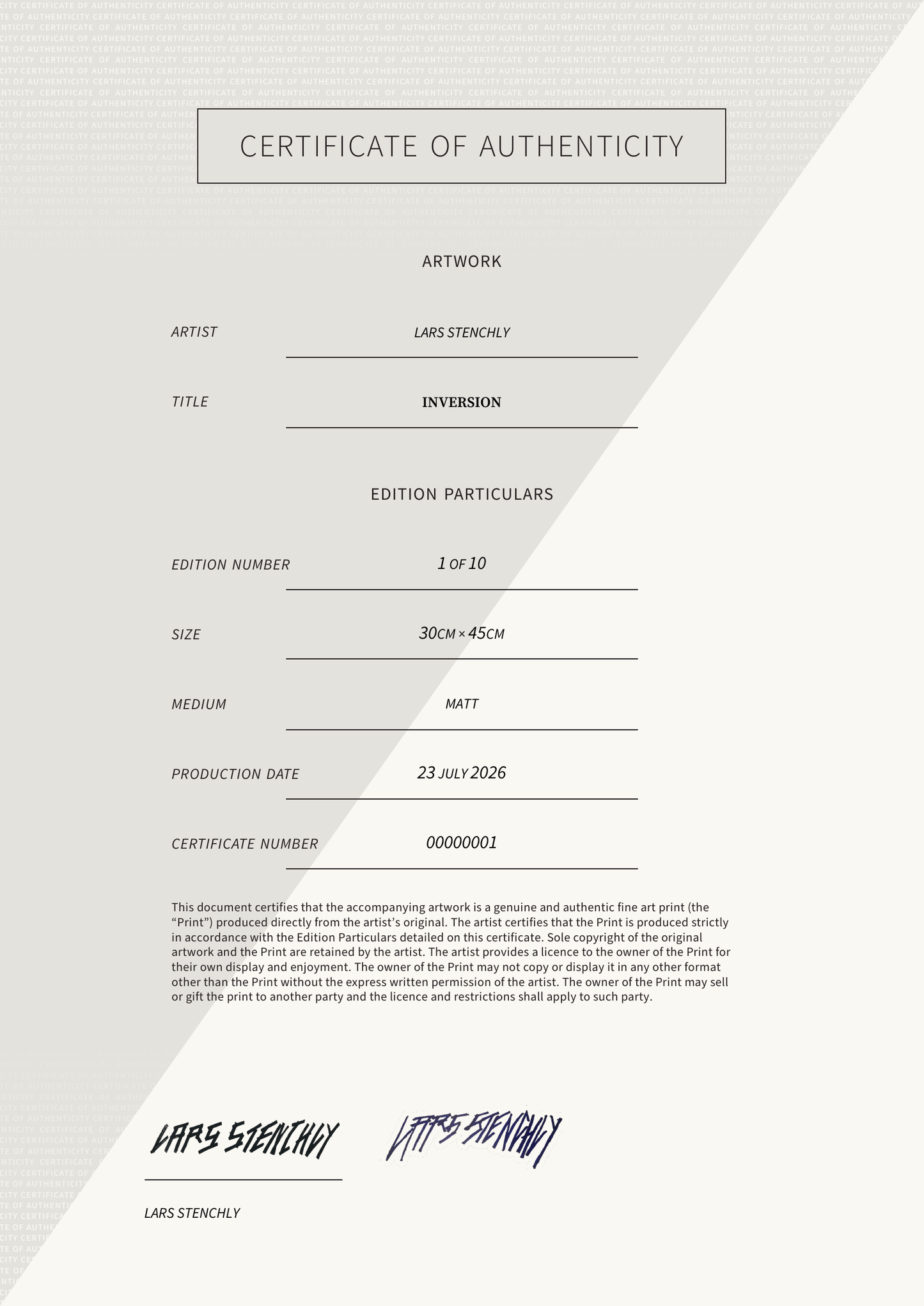 Inversion — Certificate of Authenticity