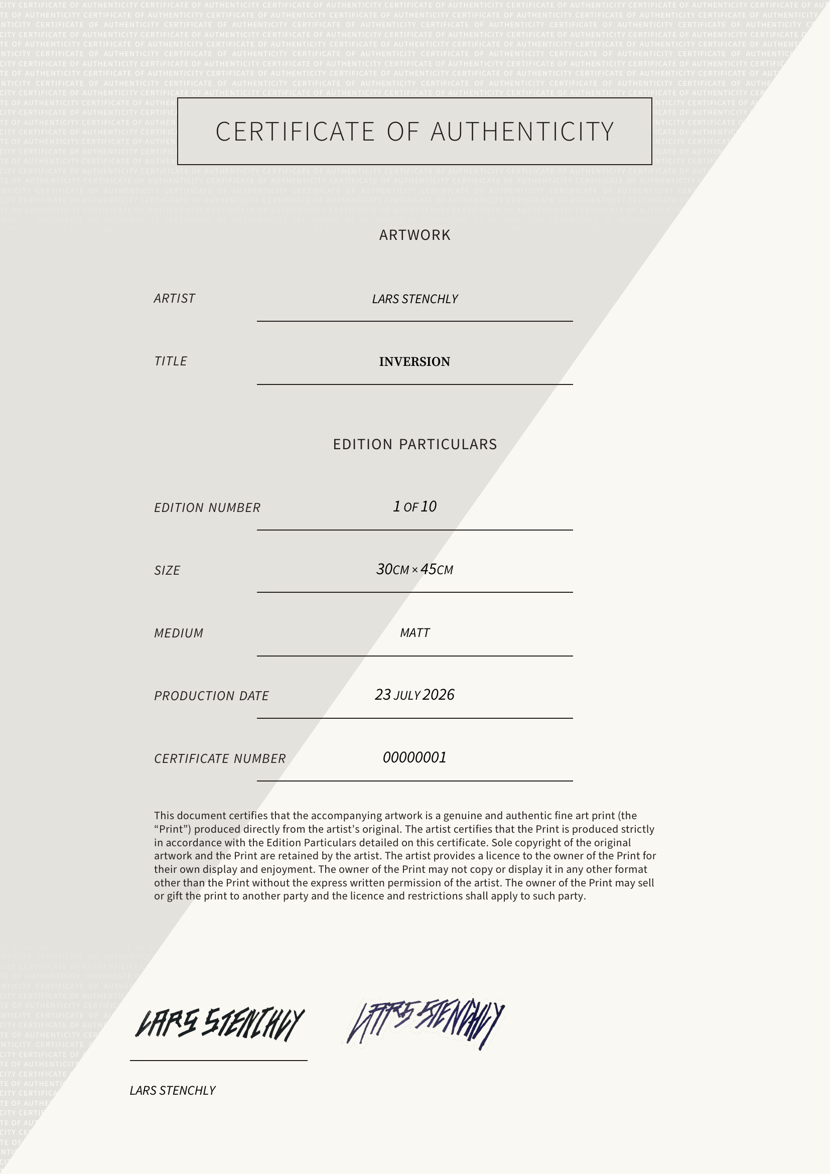 Inversion — Certificate of Authenticity